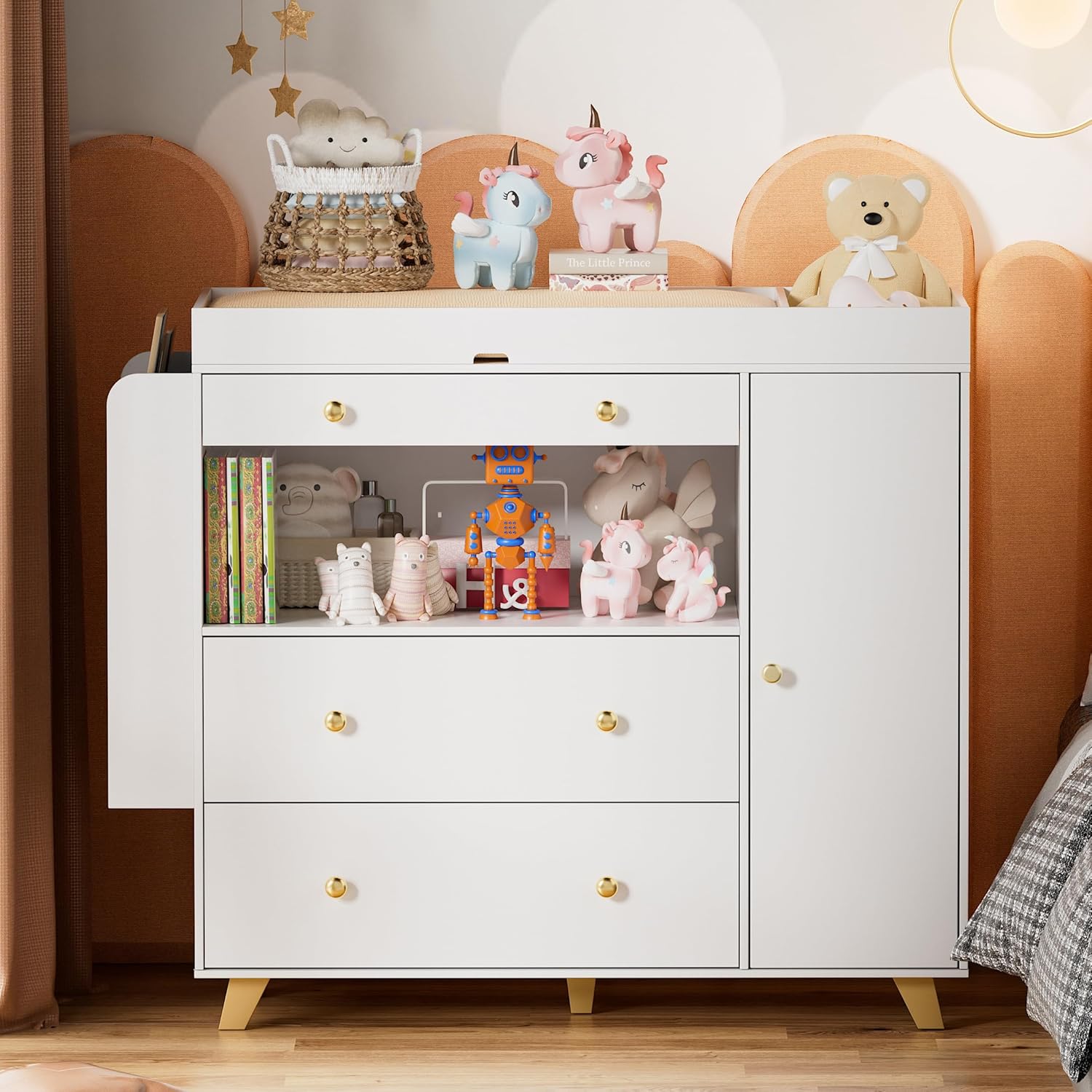 FURNJOYLIFE Nursery Dresser with Baby Changing Table, Modern Diaper Changing Station,Dresser for Nursery with 3 Drawers & Shelves, Storage Crib with Changing Table, White