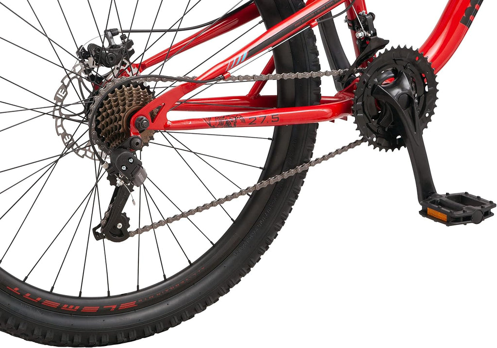 Mongoose Status Mountain Bike, 27.5 Inch Bike for Men and Women, 21 Speed, Aluminum Suspension Frame, Steel Rear Triangle, Dual Suspension, Knobby Mountain Tires, Mechanical Disc Brakes, Adult Bicycle