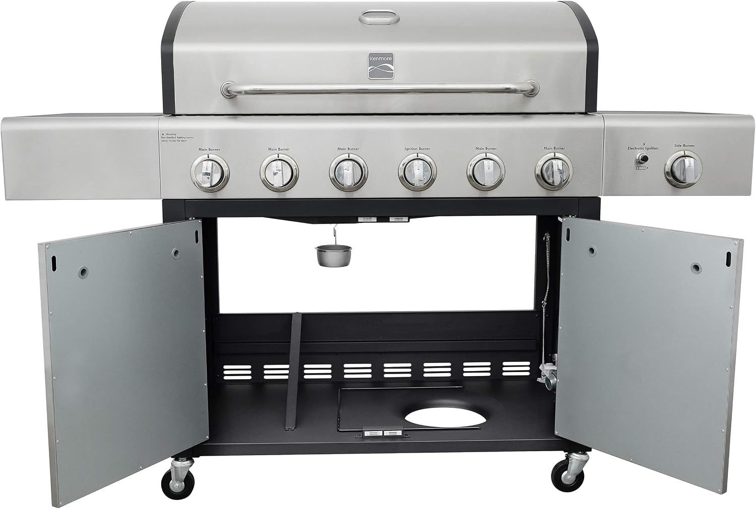 Kenmore 6-Burner Propane Gas BBQ Grill with Side Burner, 73,000 BTUs, Stainless Steel Cabinet Grill with Cast Iron Grates for Outdoor Cooking, Backyard BBQ, Patio, Large Parties