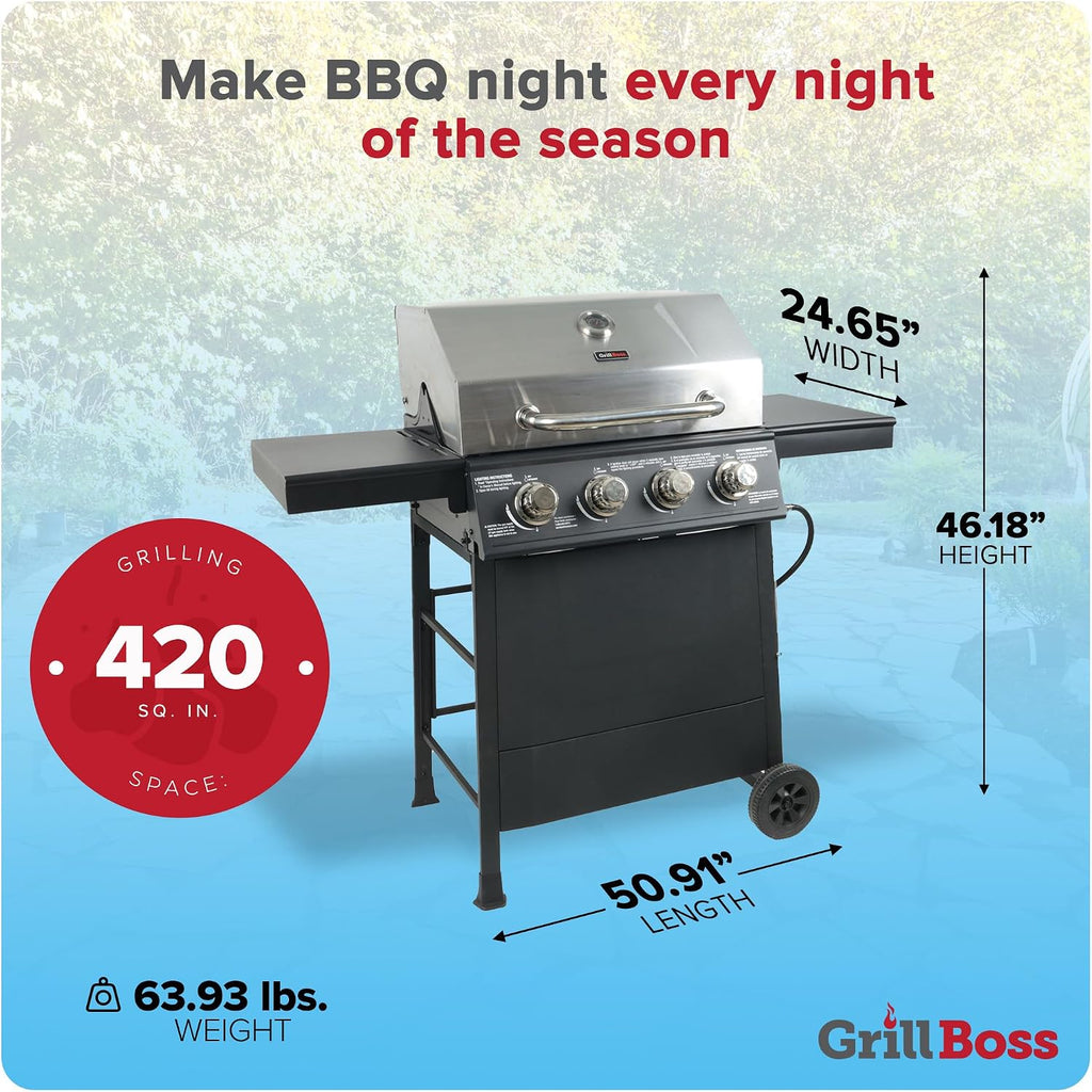 Grill Boss 4-Burner Outdoor Propane Gas Grill with Side Shelves, Stainless Steel Lid, Push Ignition, Warming Rack, Wheels, Black