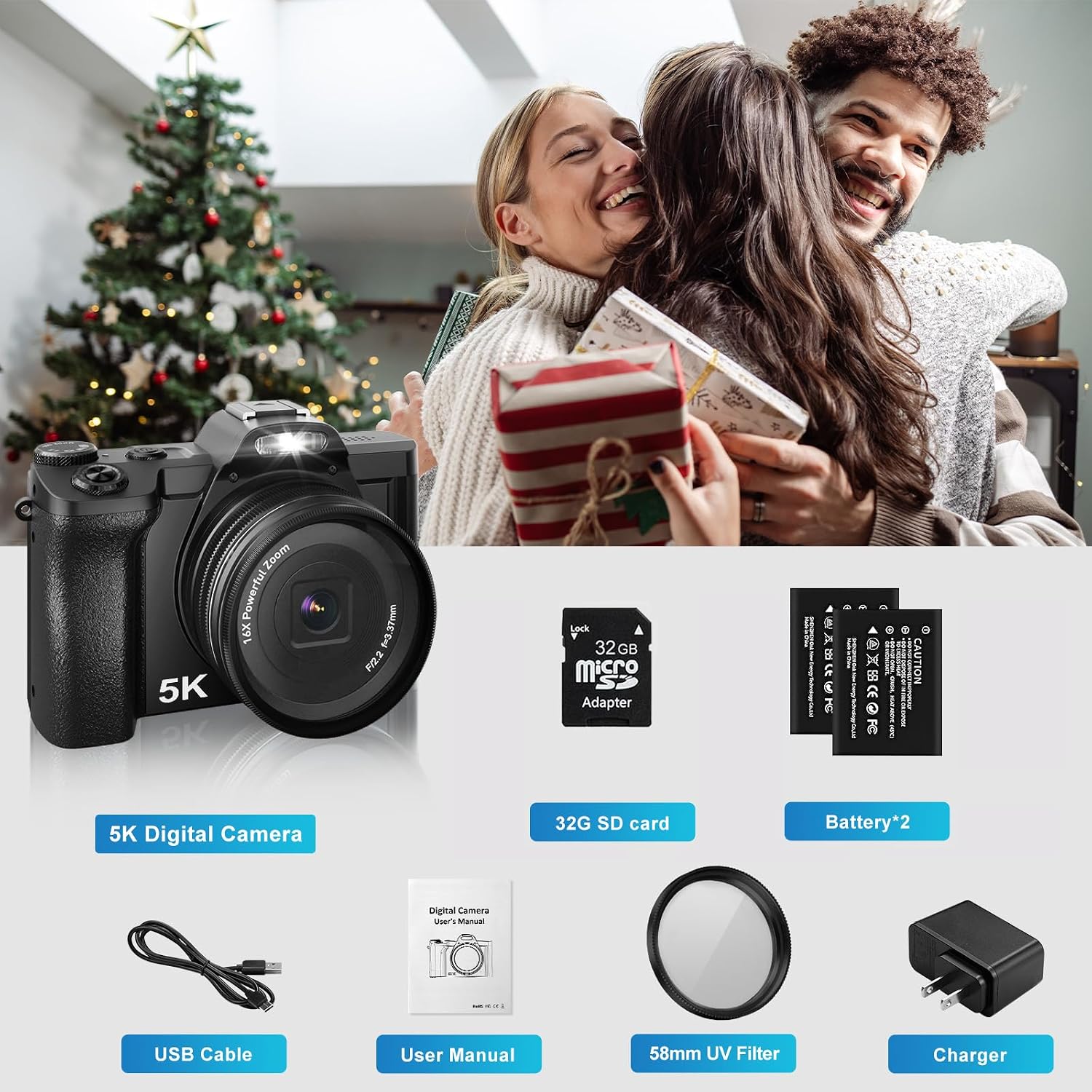 5K Digital Camera WiFi Autofocus Vlogging Camera for YouTube 48MP Camera for Photography and Video, 3.5' Screen Travel Cameras with UV Filter, Anti-Shake,16X Digital Zoom,32GB SD Card,2 Batteries