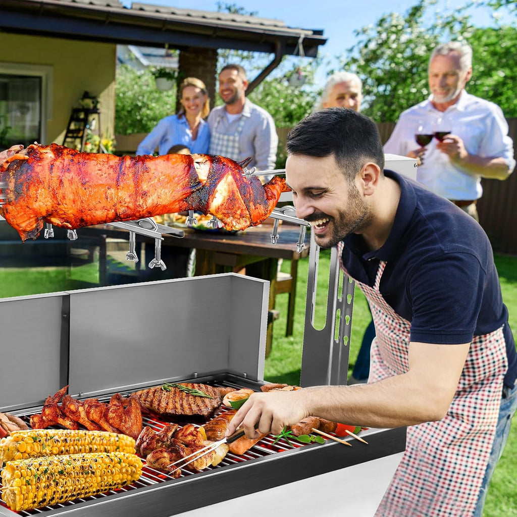 Rotisserie Grill Charcoal Spit Roaster, Stainless Steel 37' Pig Lamb Hooded Roaster Charcoal Spit With 25W Motor & Adjustable Height Lockable Casters For Party Barbecue,132 LBS With Baffle