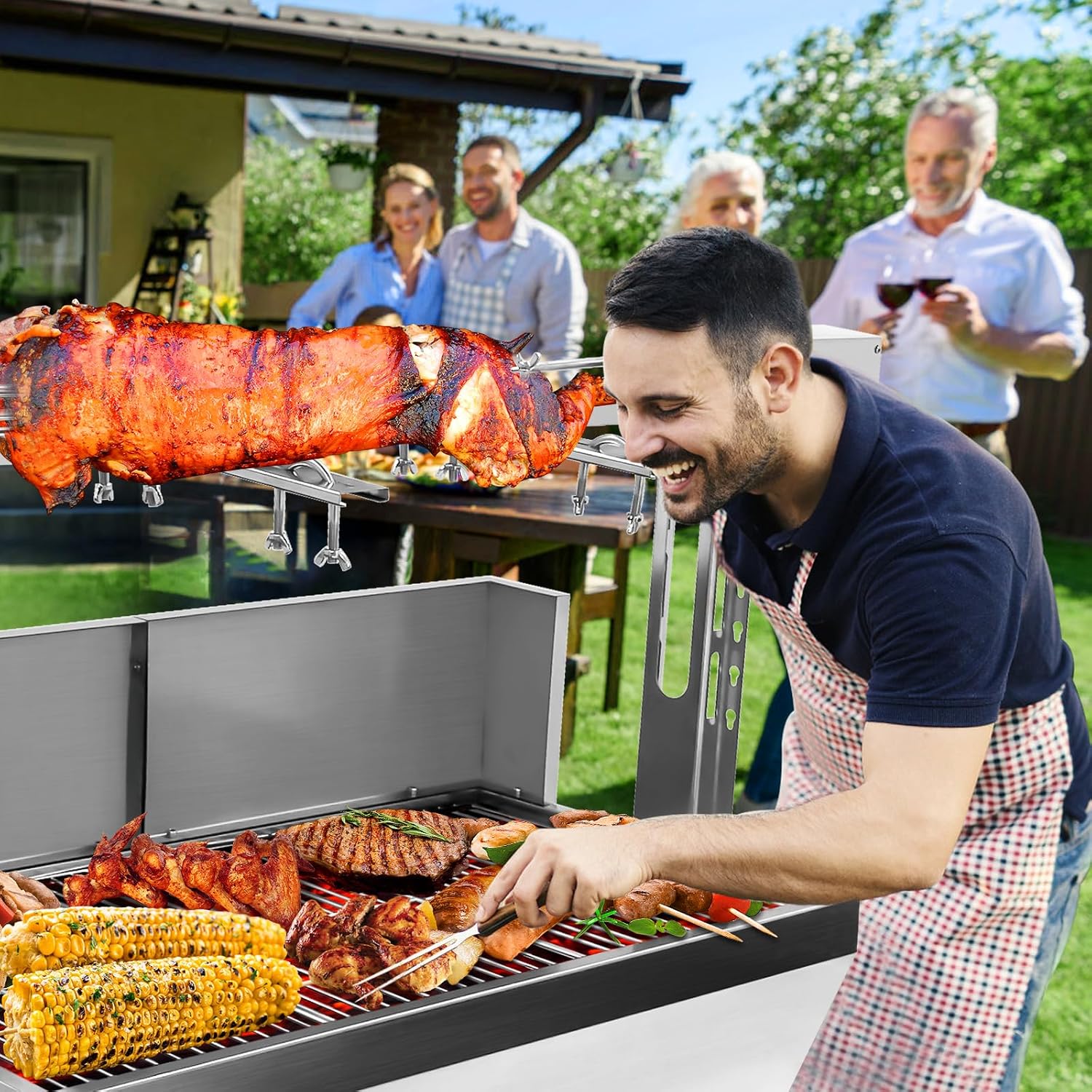 Rotisserie Grill Charcoal Spit Roaster, Stainless Steel 37' Pig Lamb Hooded Roaster Charcoal Spit With 25W Motor & Adjustable Height Lockable Casters For Party Barbecue,132 LBS With Baffle