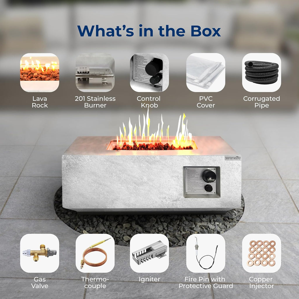 SereneLife Propane Fire Pit Table, 40,000 BTU Outdoor Square Gas Fire Pit with Cover, Weather-Resistant Metal, Adjustable Flame, Lava Rock Set, Ideal for Patio, Backyard & Terrace (30' x 30' x 11')