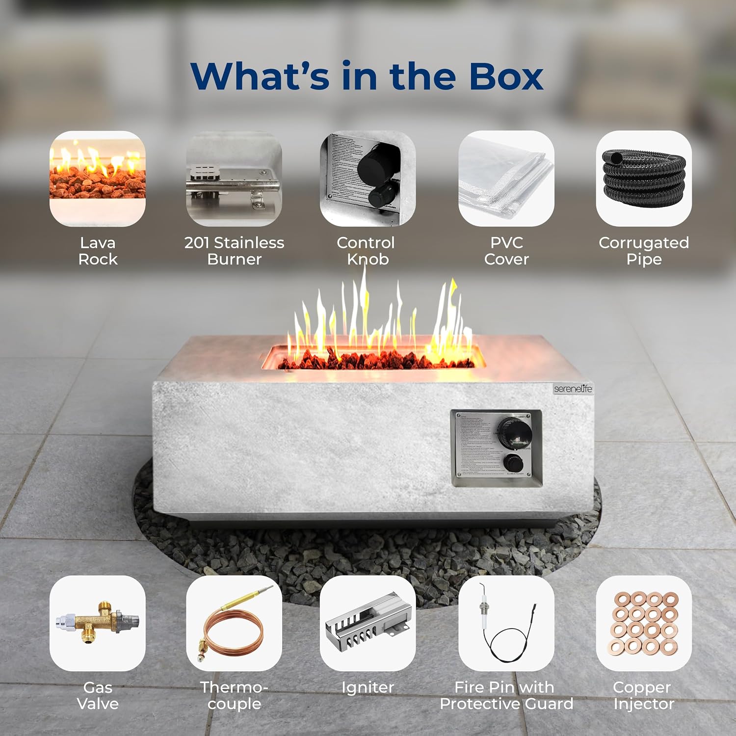 SereneLife Propane Fire Pit Table, 40,000 BTU Outdoor Square Gas Fire Pit with Cover, Weather-Resistant Metal, Adjustable Flame, Lava Rock Set, Ideal for Patio, Backyard & Terrace (30' x 30' x 11')