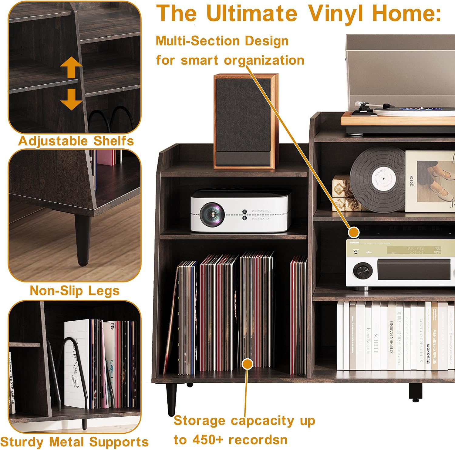 Rresyet 55' Record Player Stand with Charging Station, 4-Tier Vinyl Record Storage Cabinet with Divided Shelves, Adjustable Shelf，Large Capacity Storage for Music Room Living Room