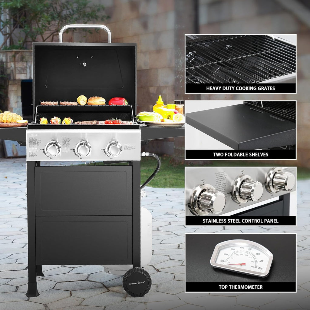 MASTER COOK 3 Burner BBQ Propane Gas Grill, 472 Sq. In. Cooking Area, 30,000 BTU Stainless Steel Barbecue Grill with Two Foldable Shelves for Outdoor Patio, Backyard
