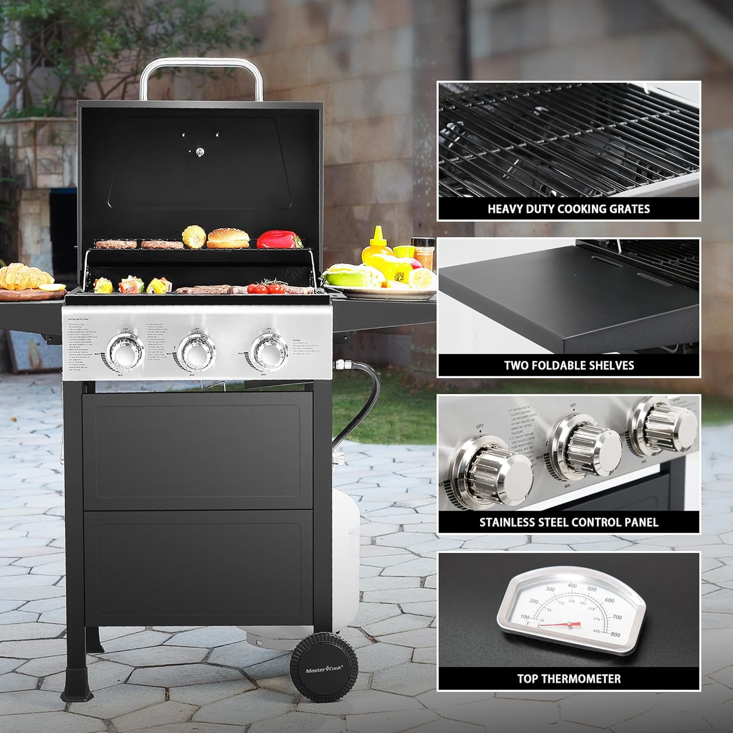 MASTER COOK 3 Burner BBQ Propane Gas Grill, 472 Sq. In. Cooking Area, 30,000 BTU Stainless Steel Barbecue Grill with Two Foldable Shelves for Outdoor Patio, Backyard