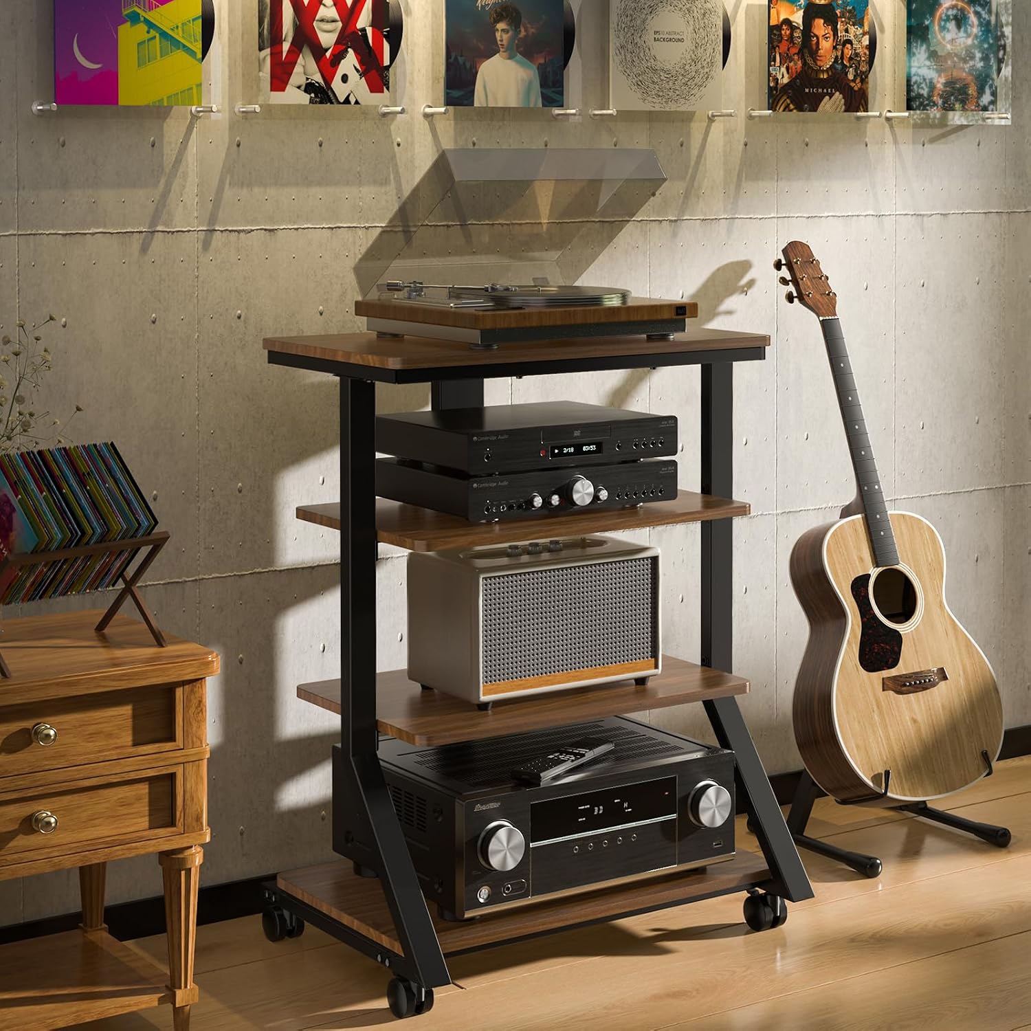 Rfiver 4-Tier AV Media Stand with Wheels, Mobile Rack Audio Tower with Height Adjustable Shelves, Wooden Stereo Racks and Stands, Stereo Stand for Record Player, TV Box, Corner Entertainment Center