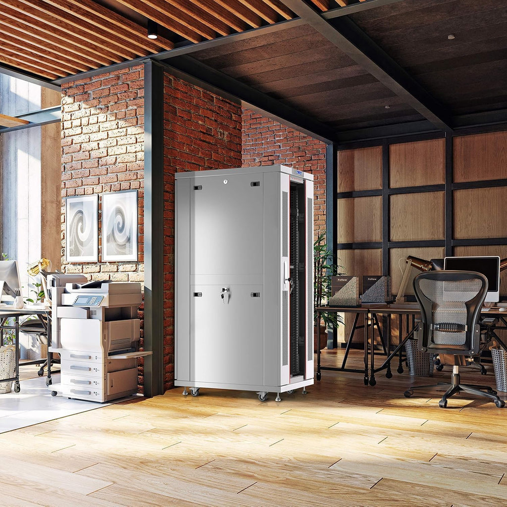 32U 35' Deep Server Rack Cabinet, 19' Floor-Standing Network Enclosure with Mesh Door, LCD Thermostat, 4 Cooling Fans, PDU, Shelf, Locking Panels, Casters, 1600 lb Capacity