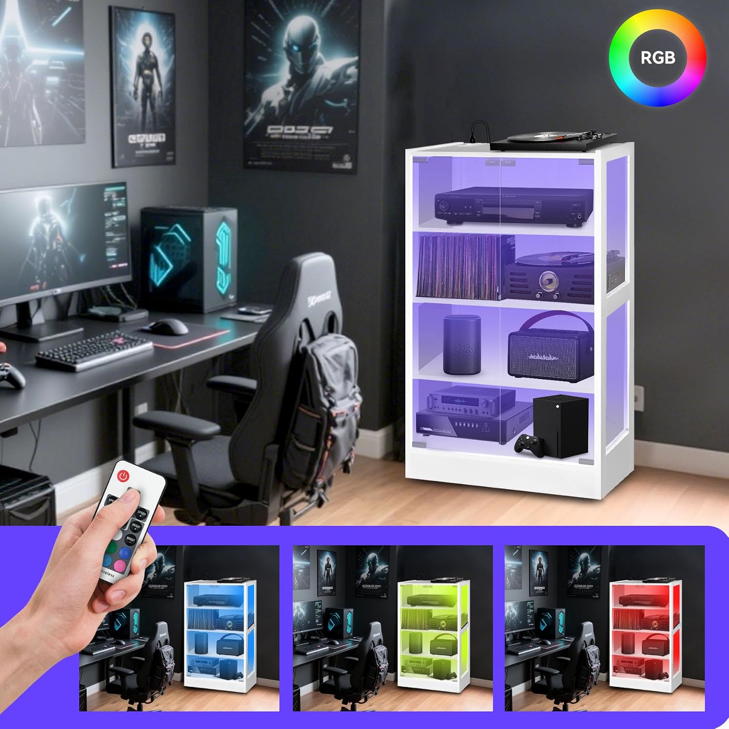 Qupui 4-Tier Media Cabinet with LED Lighting, Audio/Video Stand Featuring Built-in USB Ports and Electrical Outlets, Designed for Living Rooms and Gaming Spaces, Glass Doors