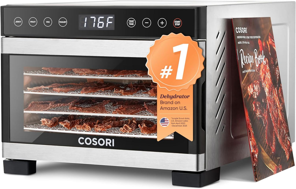 Cosori Food Dehydrator for Jerky, 176°F Temperature Control, 5 Stainless Steel Trays with 5.1 ft² Drying Space, 4 Presets, 48H Timer, for Dog Treats, Meat, Fruit, Veggies, Snacks, Bright-Silver