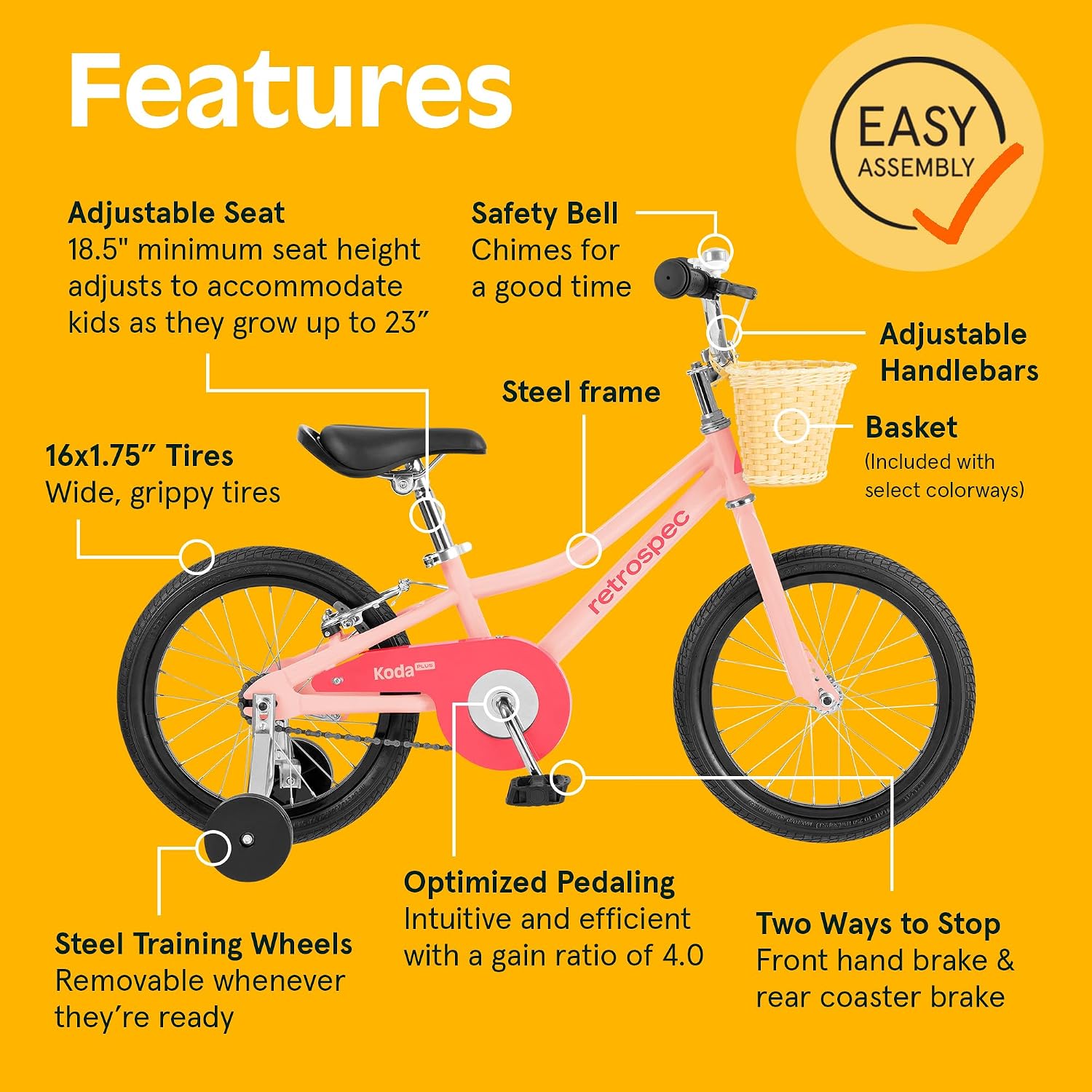 Retrospec Koda Plus Kids Bike for Boys & Girls Ages 4-6 Years - Children's Bicycle, Adjustable Seat & Handlebars