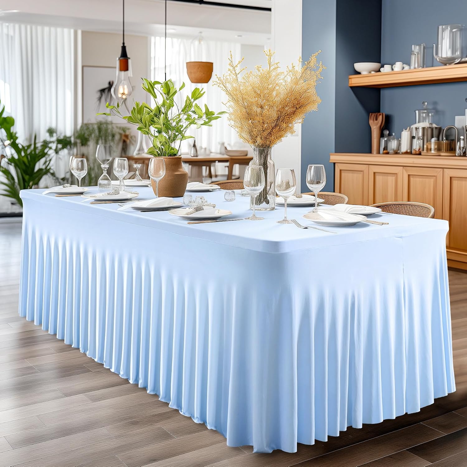 Shillance Baby Blue Spandex Table Covers 8ft, 6 Packs Fitted Table Covers for 6 Foot Tables Stretch Spandex Table Skirts Rectangle Tables for Event, Wedding, Banquet & Parties