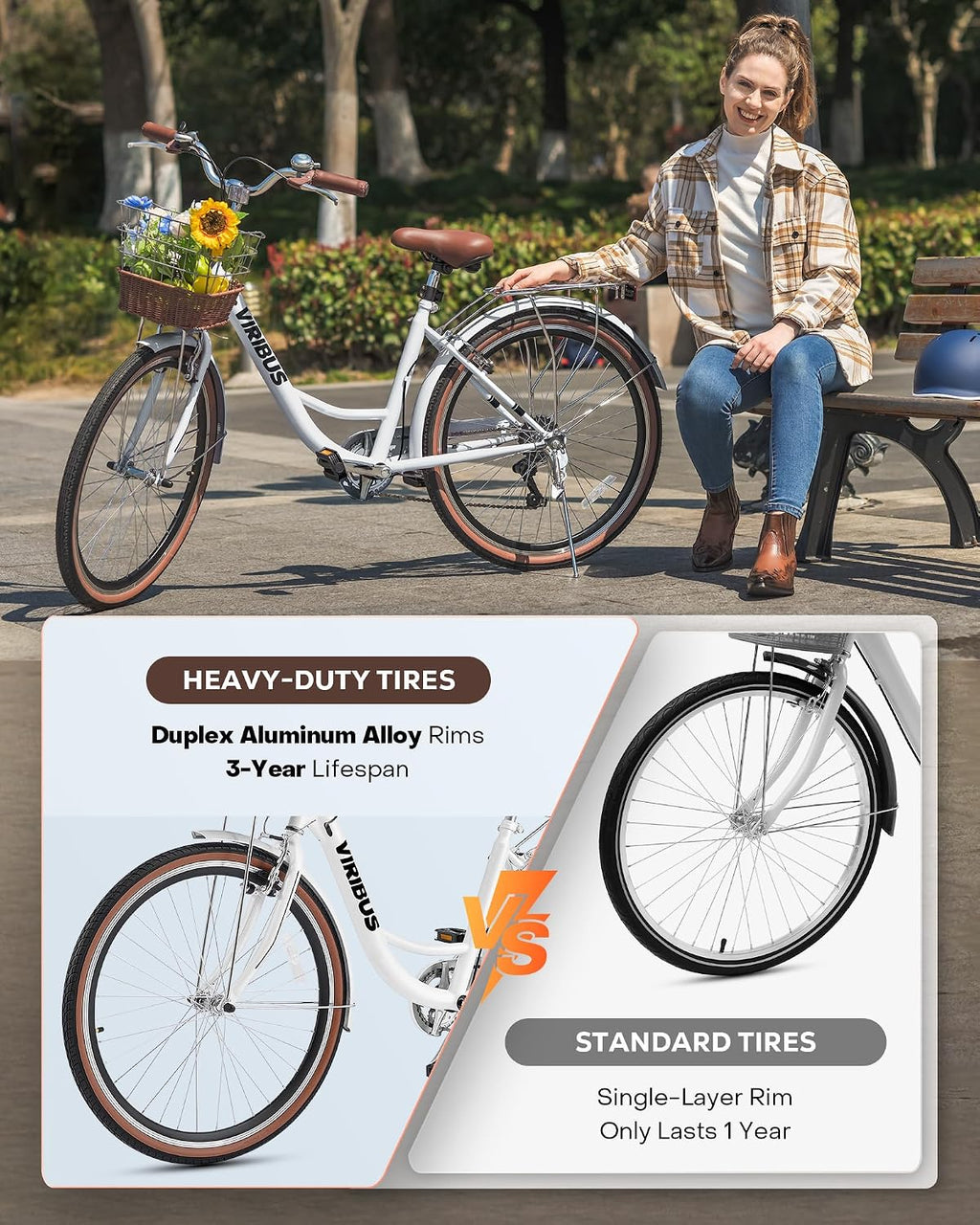 VIRIBUS Womens Cruiser Bike, 7 Speed Beach Cruiser Bike for Women, 26 inch Women Bicycle with Rattan Basket, City Commuter Vintage Retro Step Through Bicycle for Female Ladies Seniors, 330 Lb.