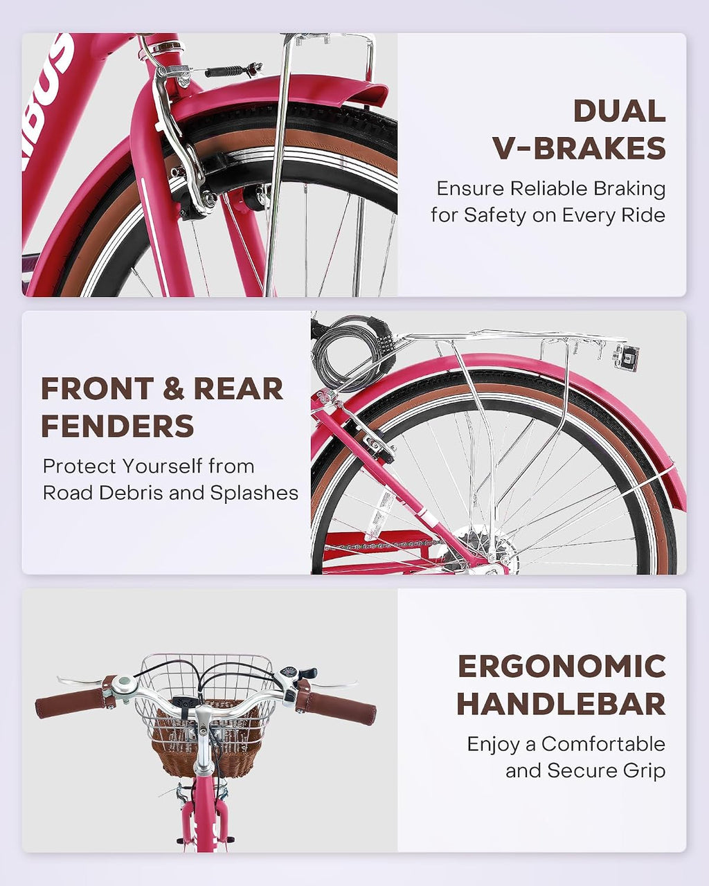 VIRIBUS Womens Cruiser Bike, 7 Speed Beach Cruiser Bike for Women, 26 inch Women Bicycle with Rattan Basket, City Commuter Vintage Retro Step Through Bicycle for Female Ladies Seniors, 330 Lb.