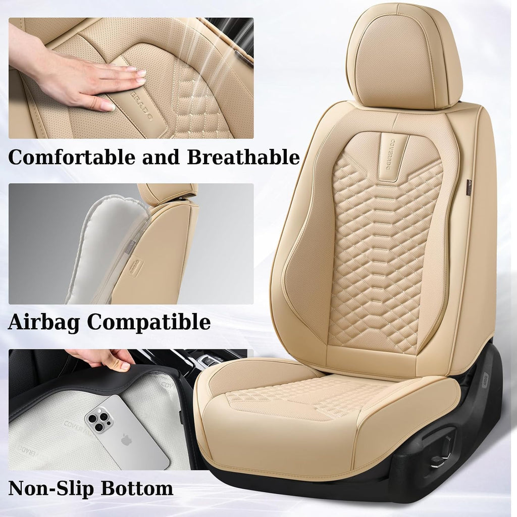 Coverado Car Seat Covers Full Set, Waterproof Nappa Leather Seat Covers for Cars, Universal 5 Seats Car Seat Covers, Front and Back Car Seat Protector, Auto Seat Covers Fit for Most Cars, Beige