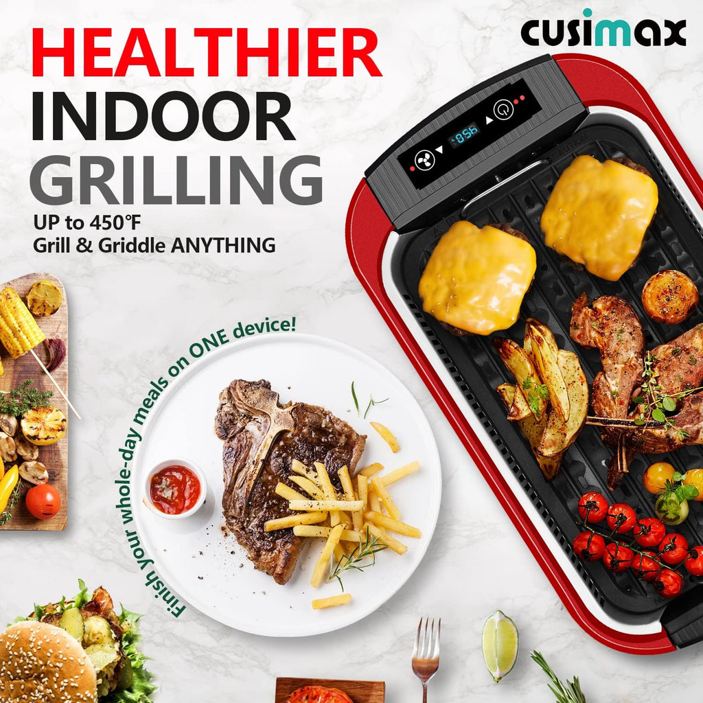 Indoor Grill, CUSIMAX Smokeless Grill Indoor, Electric Griddle, 1500W Korean BBQ Grill with LED Smart Display & Tempered Glass Lid, Non-stick Removable Plate & Griddle Plate, Red