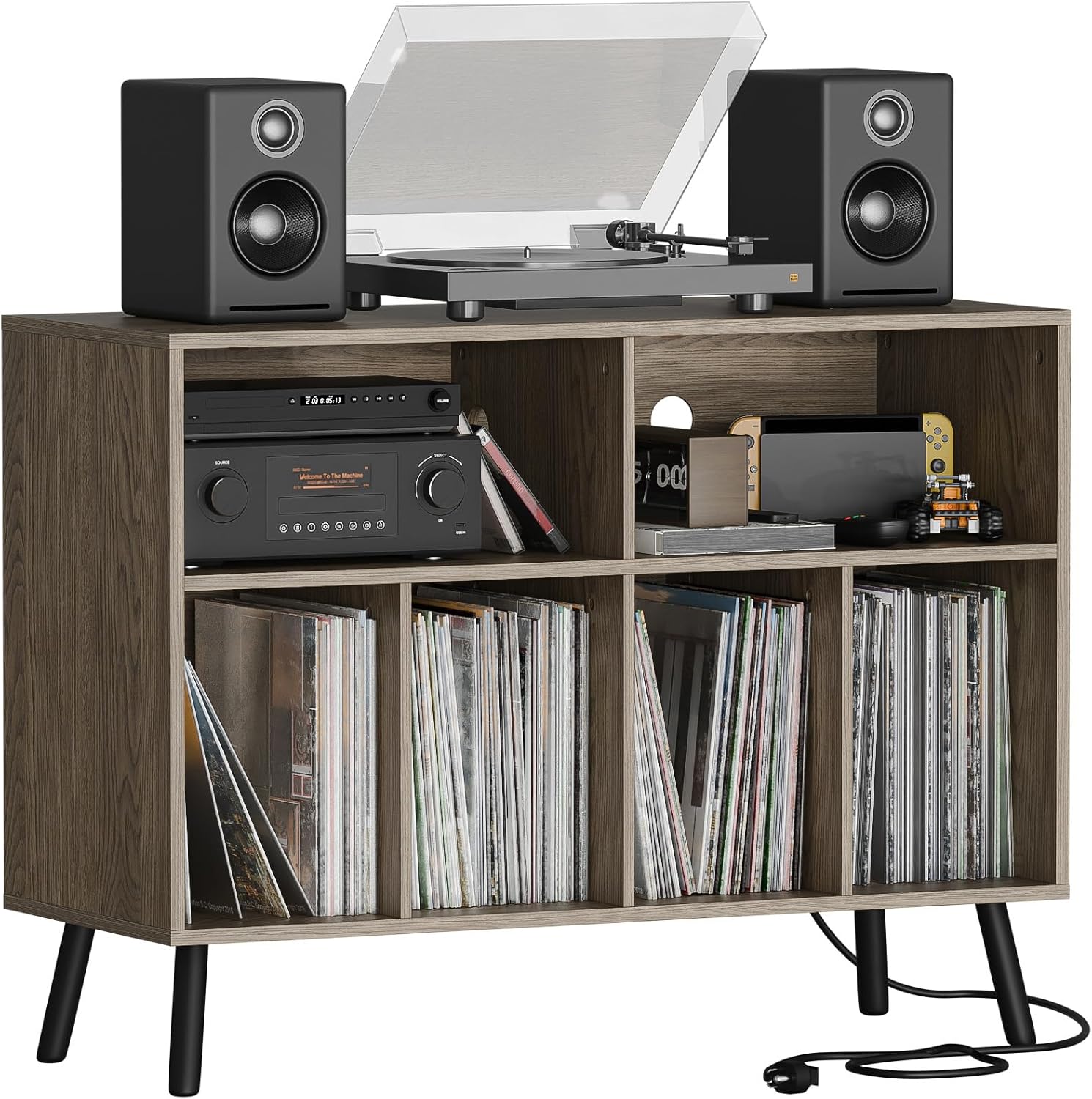 Cozy Castle Record Player Stand with Vinyl Storage Cabinet, Wood Turntable Table Open Shelf Holder Up to 350 Albums Cube Storage Organizer for Living Room, Office, Gray