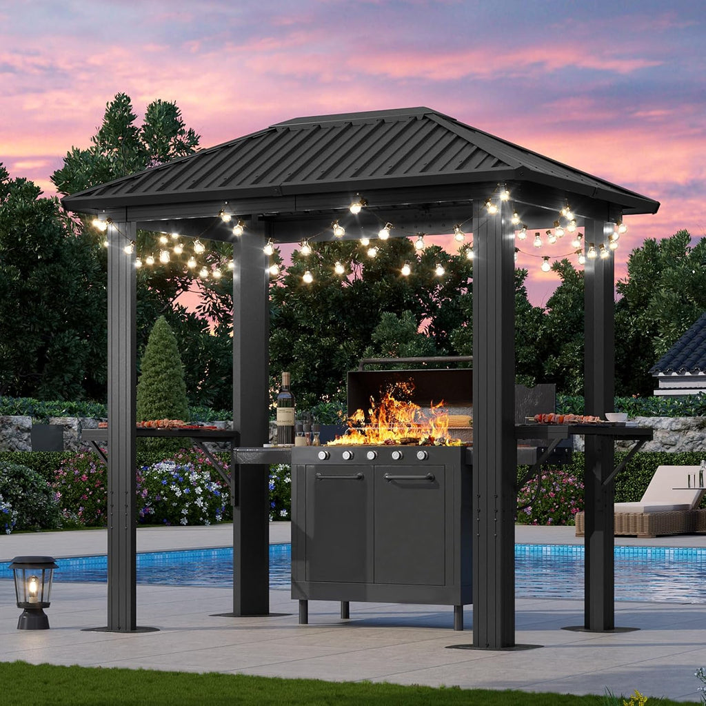 Aoxun Grill Hardtop Gazebo 5 x 8 FT, Outdoor Metal Hard Top Gazebo, Permanent BBQ Pavilion with Galvanized Steel Roof, Aluminum Pavilion with Shelves for Lawn, Garden, Patio, Backyard