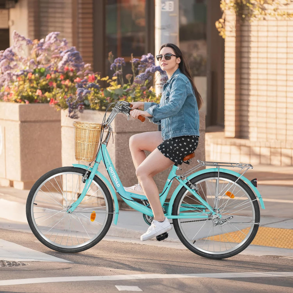 Outroad Beach Cruiser Bike, 24/26 inch Commuter Bicycle for Adult and Women,High-Carbon Steel Comfortable City Bikes with Rear Rack and Basket, (Black/Pink/White/Green/Purple)