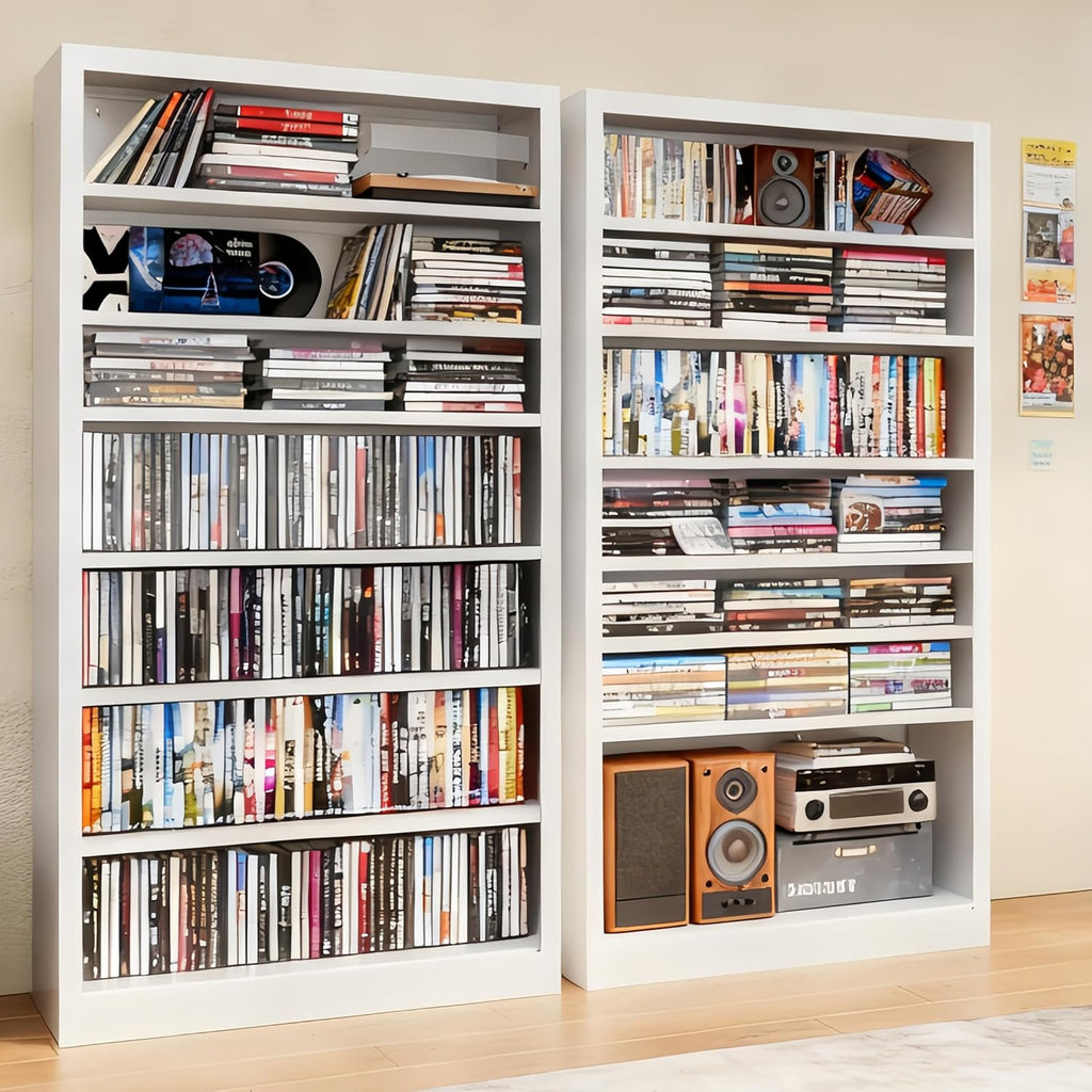 Metal DVD Storage Cabinet, 7 Tier Tall Media Storage Shelf with Adjustable Shelves, Freestanding CD & DVD Rack Tower Bookshelf for Living Room, Home Entertainment,White
