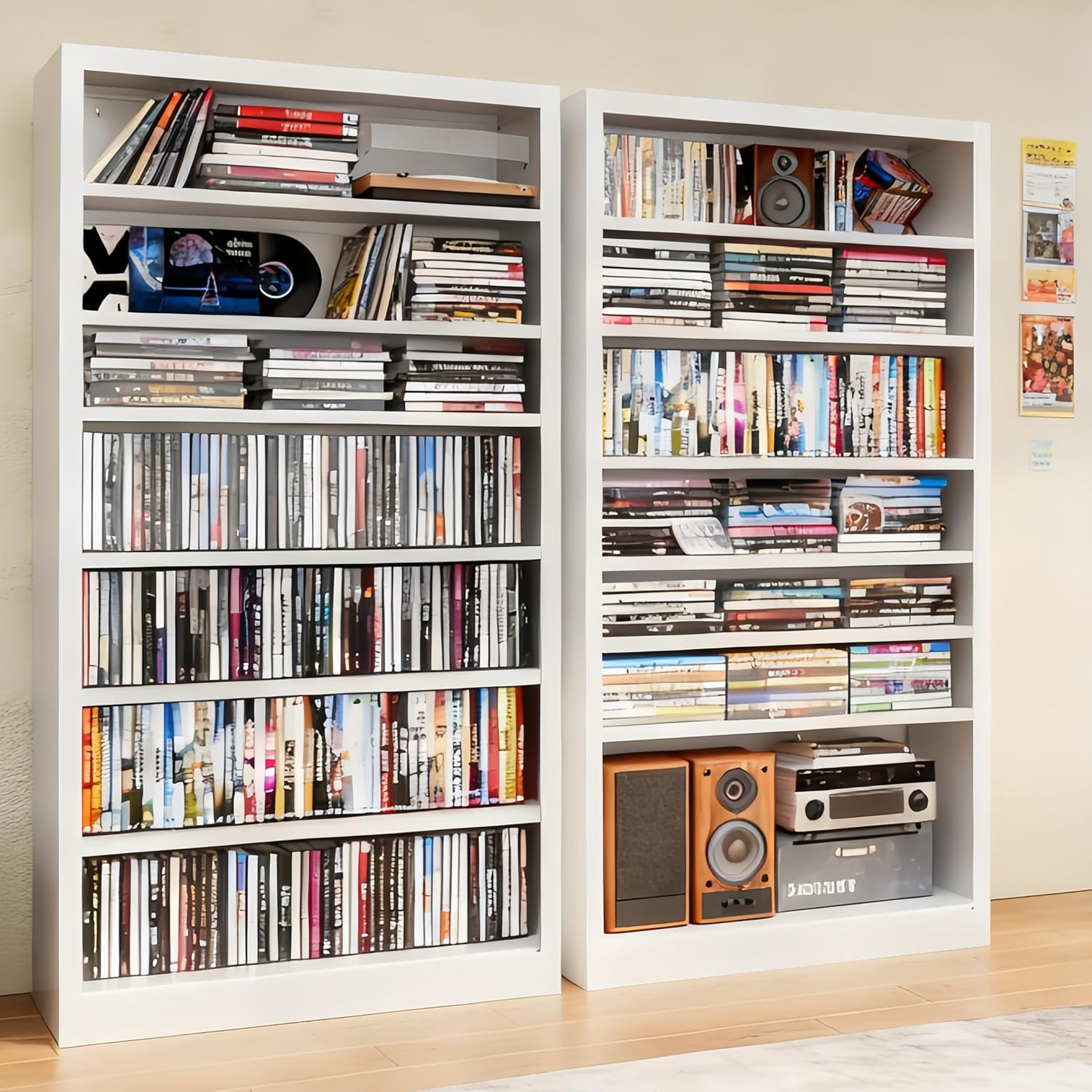 Metal DVD Storage Cabinet, 7 Tier Tall Media Storage Shelf with Adjustable Shelves, Freestanding CD & DVD Rack Tower Bookshelf for Living Room, Home Entertainment,White