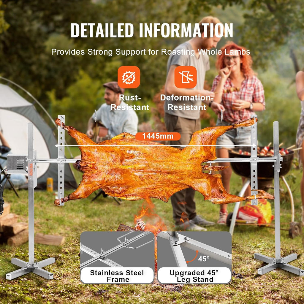 VEVOR Electric BBQ Rotisserie Grill Kit, 56 Inch 130 lbs Capacity, Automatic 52W Motor Height Adjustable Universal Roaster Stand, Stainless Steel Grilling Kit, Spit Rod with Heat Shield for Pig Lamb