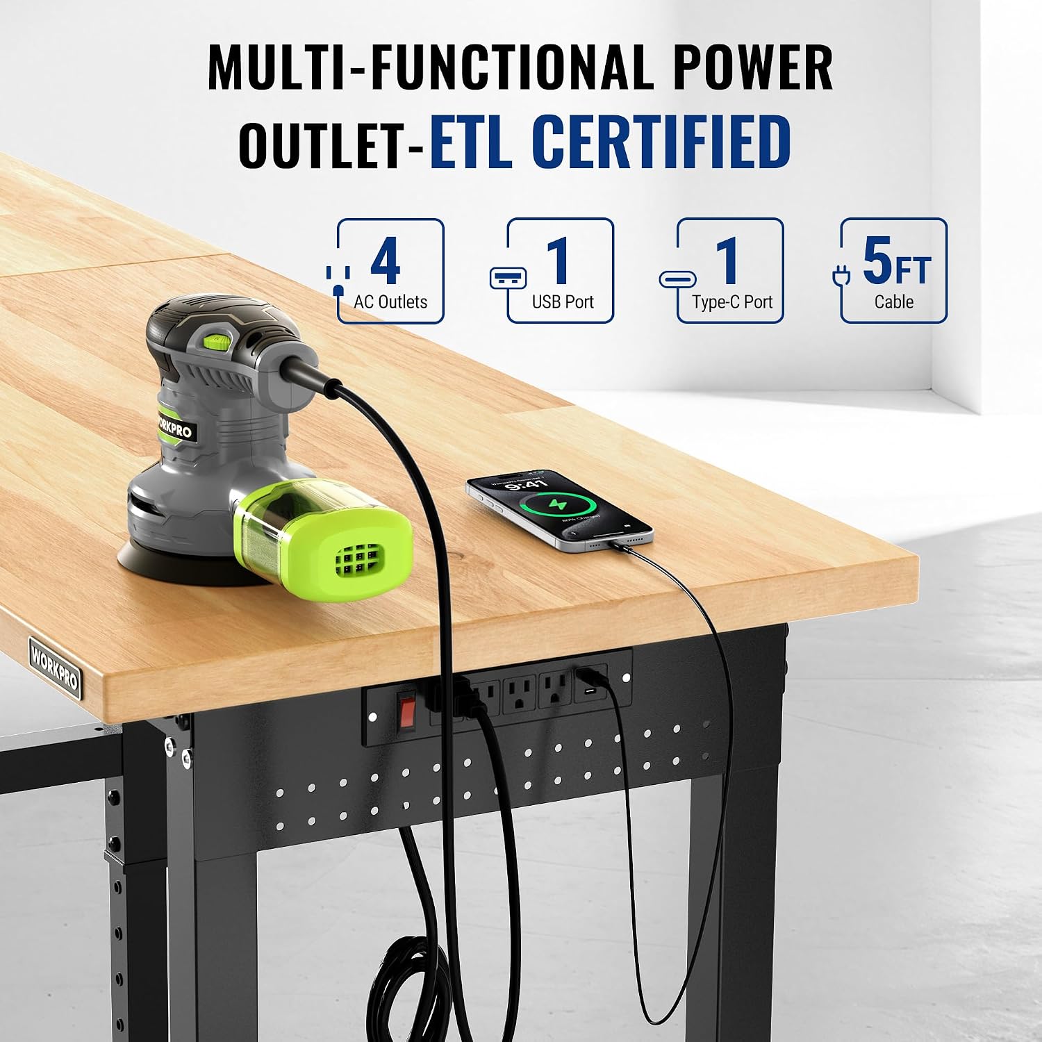 WORKPRO 96x24' Heavy-Duty Adjustable Workbench, 4000LBS Load Capacity Work Table with Power Outlet & Pegboard, Rubber Wood Top Workstation with Leveling Foot for Garage, Workshop