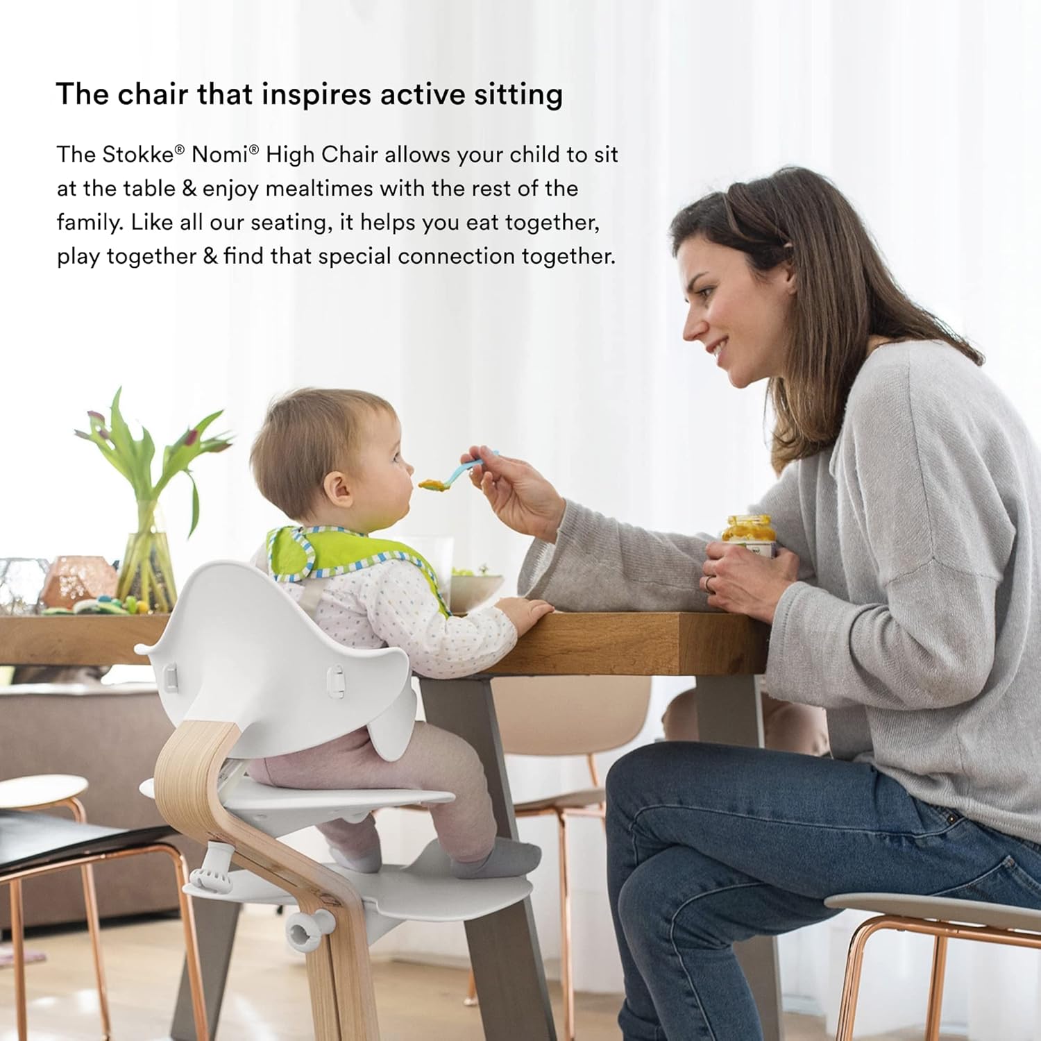 Stokke Nomi High Chair, Black/Natural - Inspires Active Sitting - Tool-Free, Seamless Adjustability - Includes Baby Set with Removable Harness for Children 6-24 Months