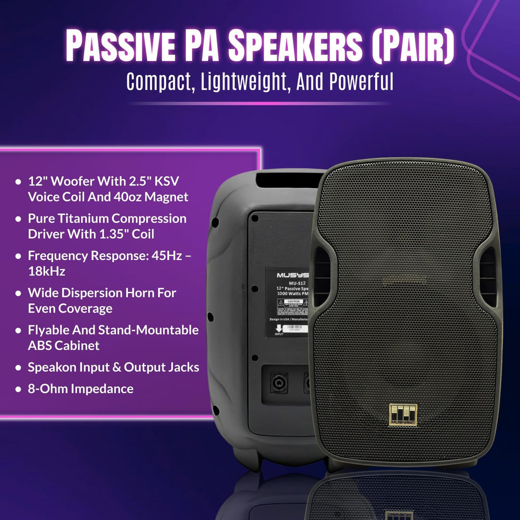 MUSYSIC Portable PA System with Wireless UHF Microphone, 12' PA Speaker System, Party DJ Speakers, 2000W Built-in Amplifier w/6 Channel Audio Mixer System, 1000W Passive Speaker, Dual Tripod Stands