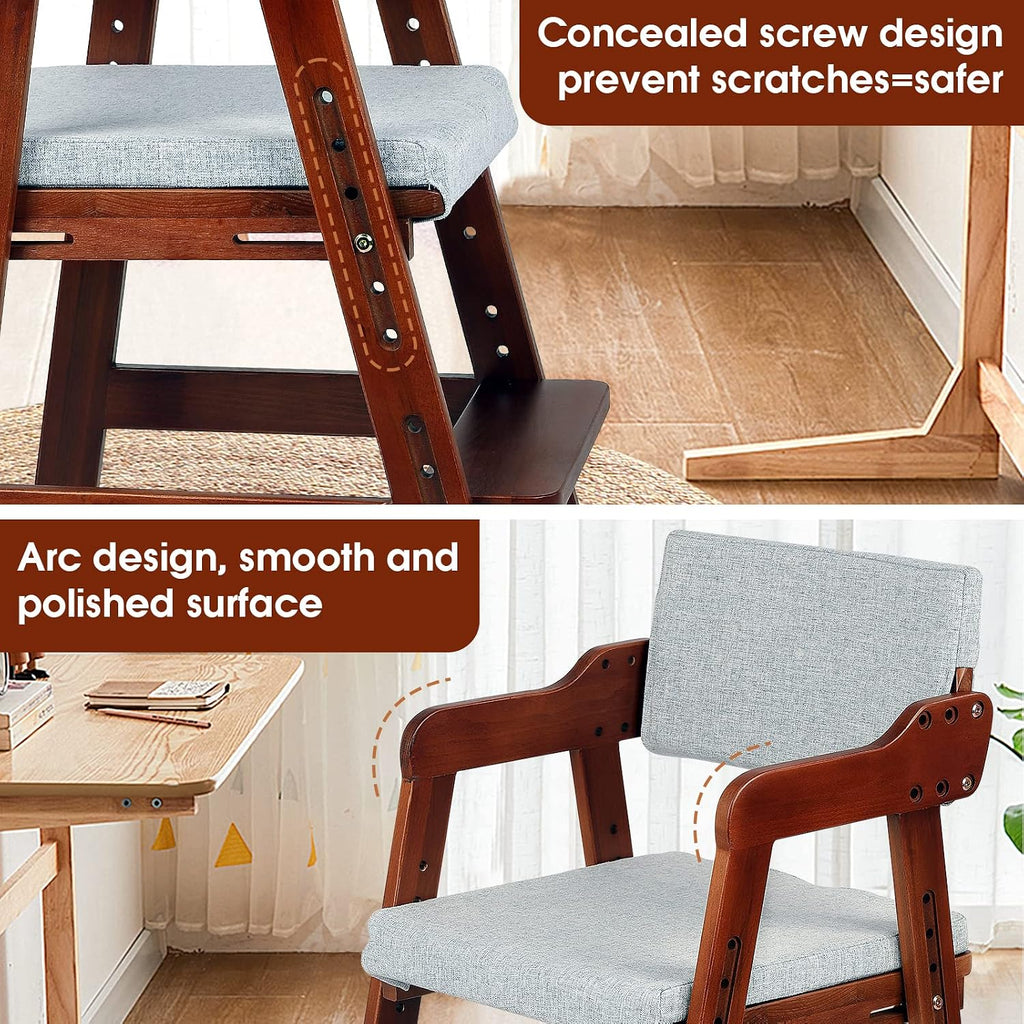 Ezebaby Wooden High Chair for Toddlers to Teens Adjustable Kids Learning Chair with Steps, Child Seats with Removable Cushions (Nut-Brown)