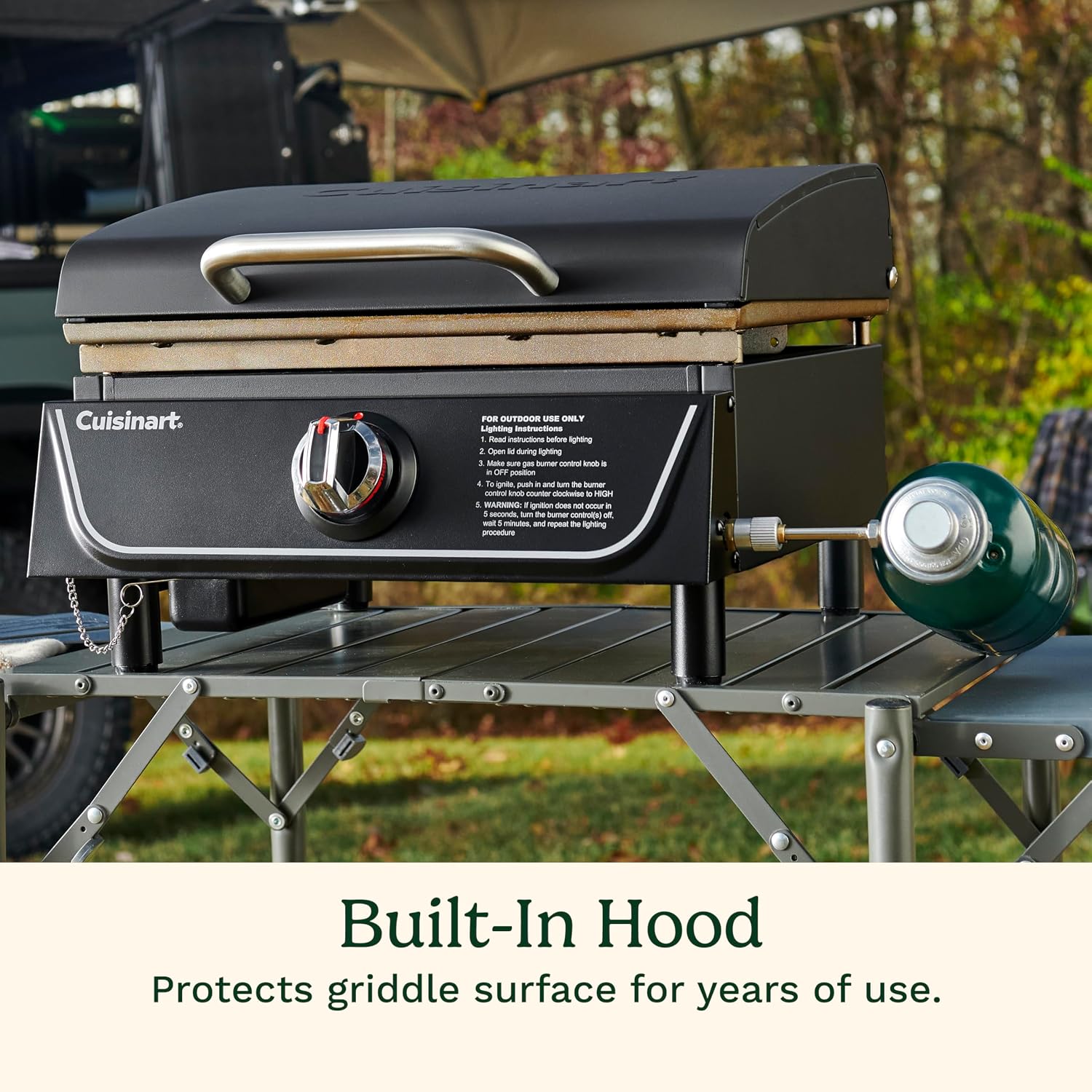 Cuisinart 17' Tabletop Gas Griddle with Hood, Easy Assembly Compact Outdoor Flat-Top Grill with Grease Cup, 255 Sq. In Cooking Space Perfect for Camping, Tailgates and BBQs