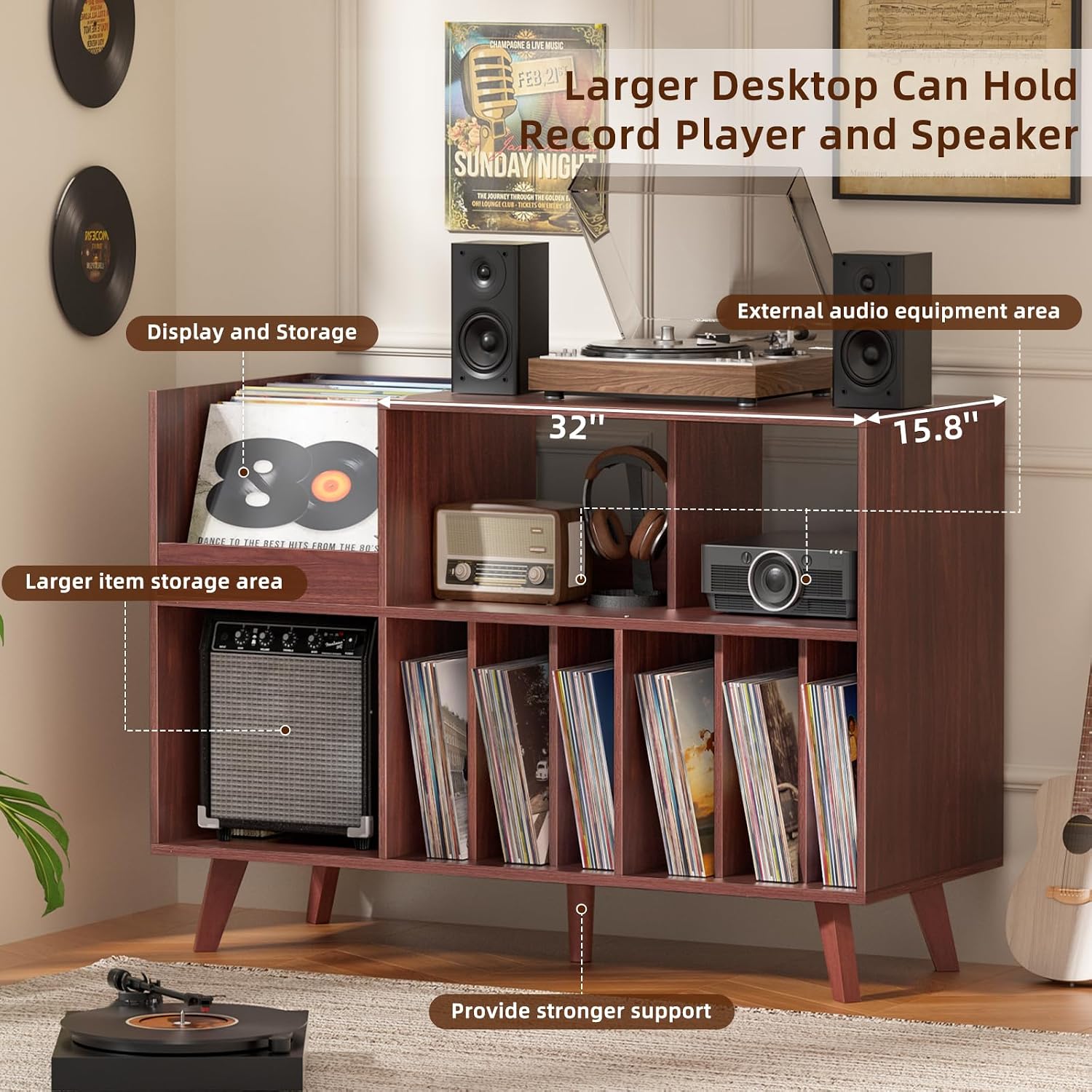 LELELINKY Large Record Player Stand, 48''Turntable Stand with Storage, Vinyl Record Holder with Display Area, Record Player Table Holds Up to 450 Albums, Record Stand for Music Room Living Room