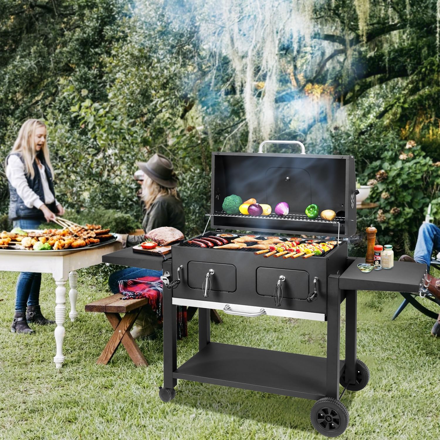 Charcoal Grill Outdoor BBQ Grill, Extra Large Cooking Area 794 Square Inches with Two Individual & Adjustable Charcoal Tray, Foldable Side Tables for Outdoor Cooking Backyard Camping Picnics By DNKMOR