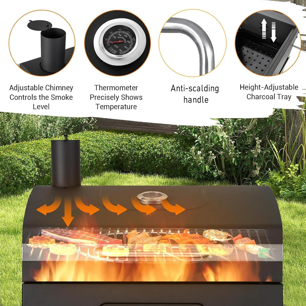 29In Built in BBQ Grills, Large Outside Charcoal Grill with BBQ Fork Kit Liftable Tray & Thermometer, Black Stainless Steel Barbecue Grill for Outdoor Kitchen Cooking Patio Camping Park Style