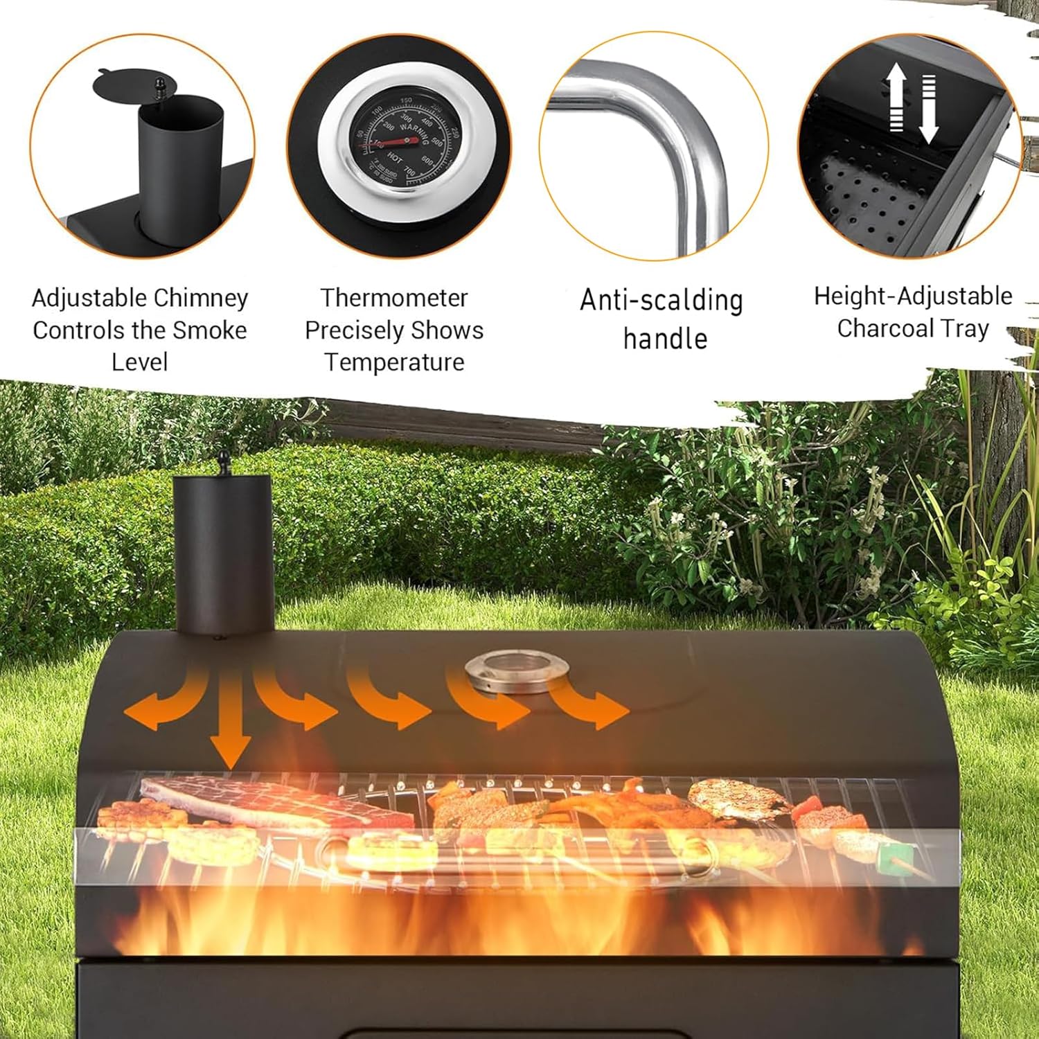 29In Built in BBQ Grills, Large Outside Charcoal Grill with BBQ Fork Kit Liftable Tray & Thermometer, Black Stainless Steel Barbecue Grill for Outdoor Kitchen Cooking Patio Camping Park Style