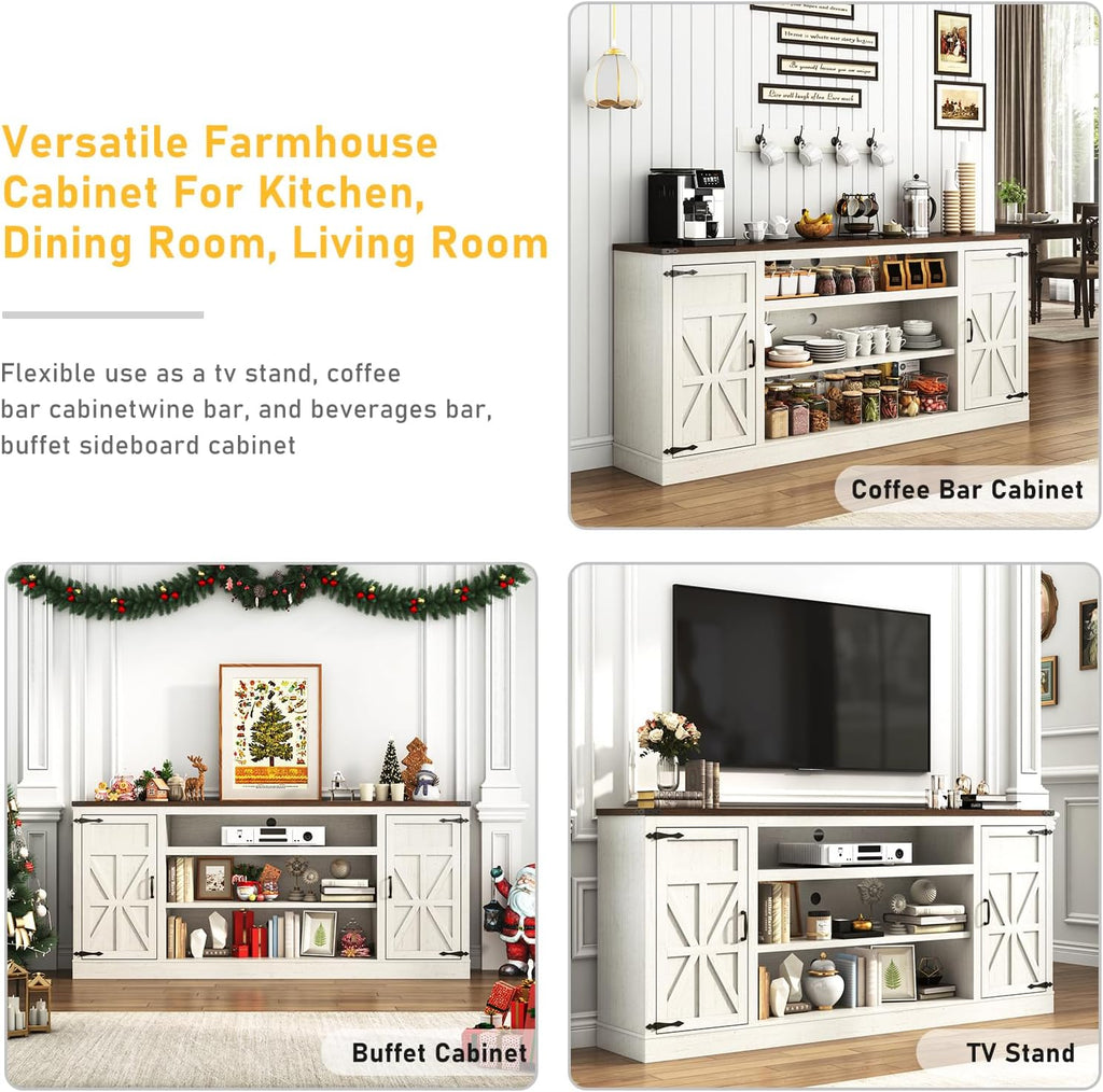 Hlivelood 75' Farmhouse TV Stand with Power Outlets for 85 Inch TVs, 33' Tall Entertainment Center with Storage Cabinets w/Adjustable Shelves, Rustic Large TV Media Console, Rustic White