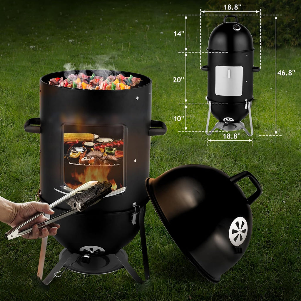 VINGLI 4-Tier 3-in-1 Vertical Charcoal Grill, 18.8 Charcoal Smoker with Built-in Thermometer, Air Vent and Access Doors, Perfect for Outdoor Cookings, Camping, Picnics, BBQs, and Tailgating Parties