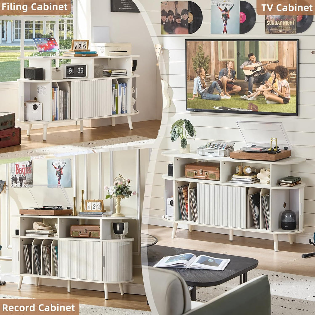 LELELINKY Extra Large Round Record Player Stand with Charging Station & Fluted Panel, Mid Century Modern Turntable Cabinet with Vinyl Storage, Arched Wood Record Player Table for Living Room,White