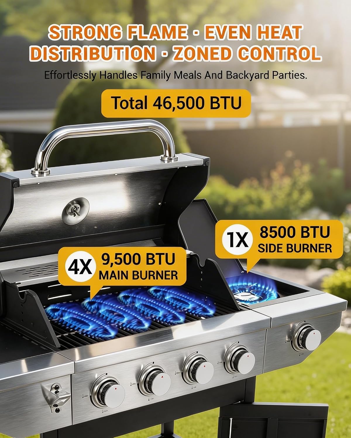 EUHOME 46,500 BTU 4-Burner Propane Gas Grill with Side Burner – Stainless Steel Outdoor BBQ with Enameled Cast Iron Grates & Foldable Side Tables for Patio, Backyard, and Outdoor Cooking