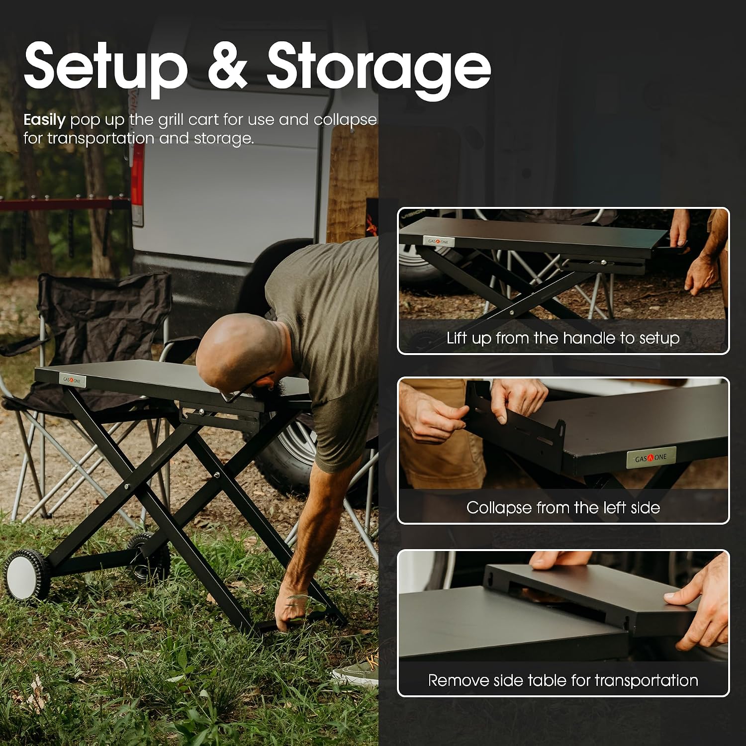 GasOne T-100F Foldable Cart for Grill –BBQ Grill Collapsible Cart with Wheels – Practical and Durable Portable Gas Grill Outdoor Table – Easy Assembly