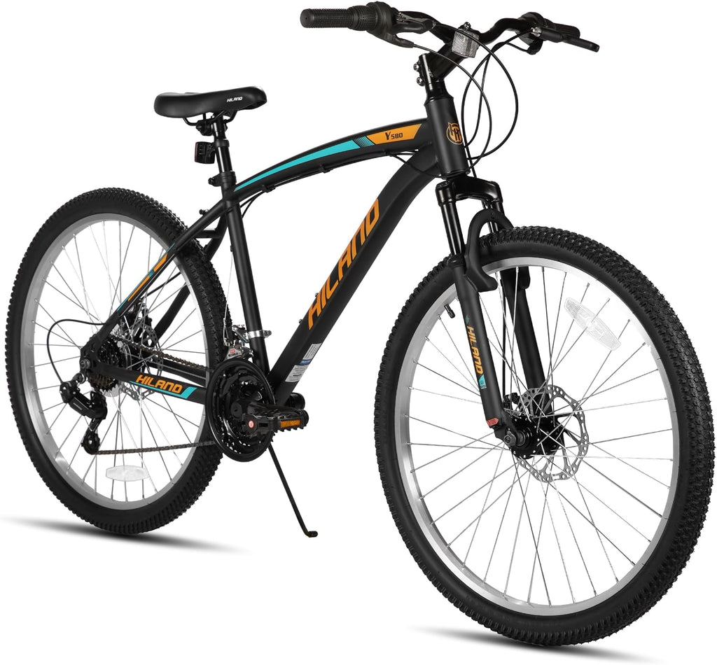 HILAND Mens and Womens Mountain Bike, 26 Inch 18 Speed Mountain Bicycle with Dual Disc Brake, Front Suspension Fork, High Carbon Steel Frame Urban Commuter Bike for Adults