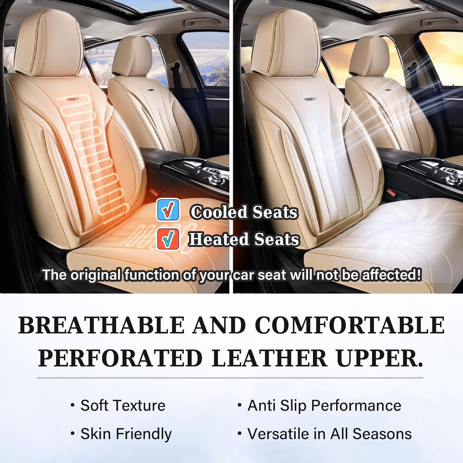 Coverado Car Seat Covers Full Set, Breathable Nappa Leather Seat Covers for Cars, Universal Seat Covers, Front and Back Waterproof Car Seat Protector, Automotive Seat Cushion Fit Most Cars(Beige)