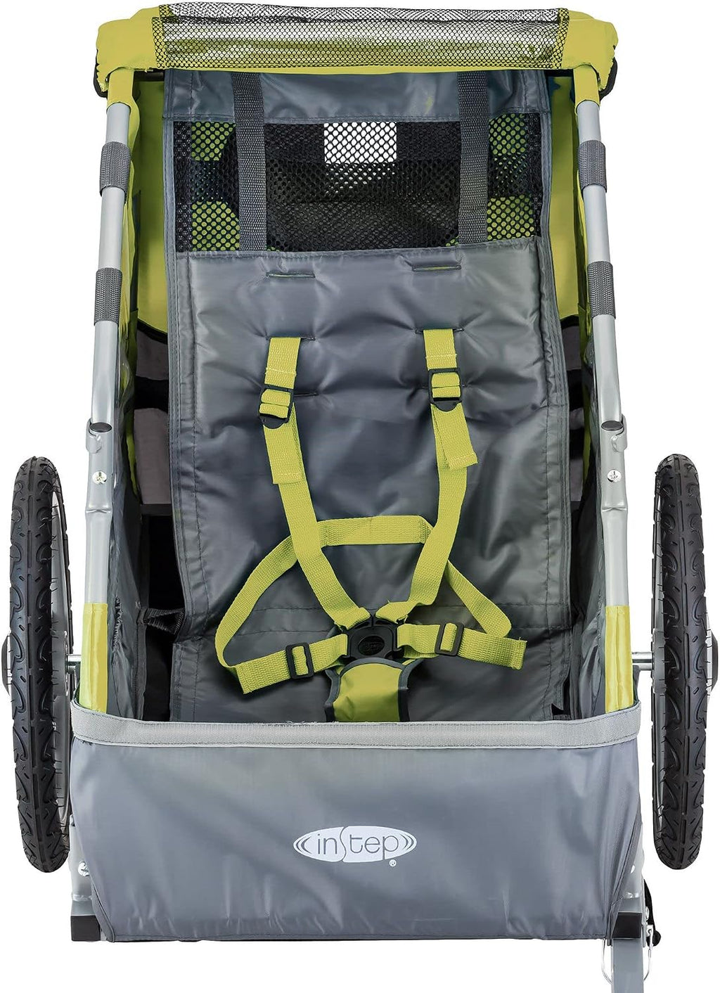 Instep Sync Single Seat Bike Child Trailer, Max Weight 40 lbs., 5-Point Harness, Folding Frame, Quick Release Wheels, Easy Storage, Bug Screen & Weather Shield, Green/Grey