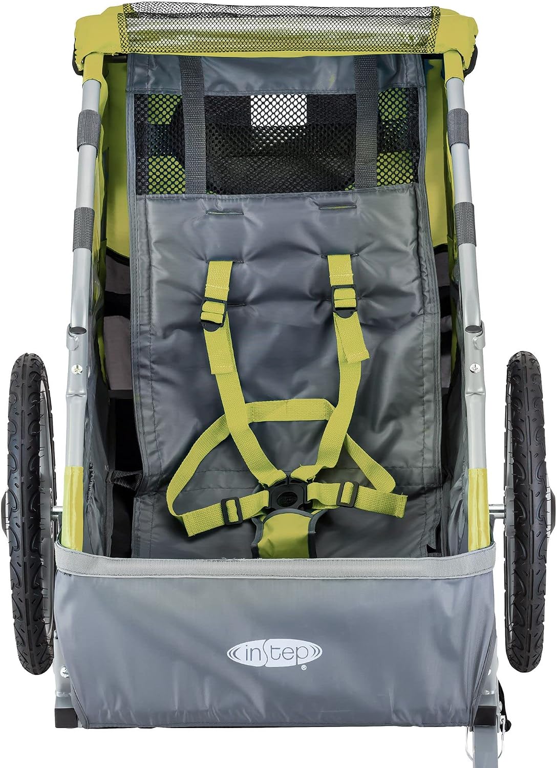 Instep Sync Single Seat Bike Child Trailer, Max Weight 40 lbs., 5-Point Harness, Folding Frame, Quick Release Wheels, Easy Storage, Bug Screen & Weather Shield, Green/Grey