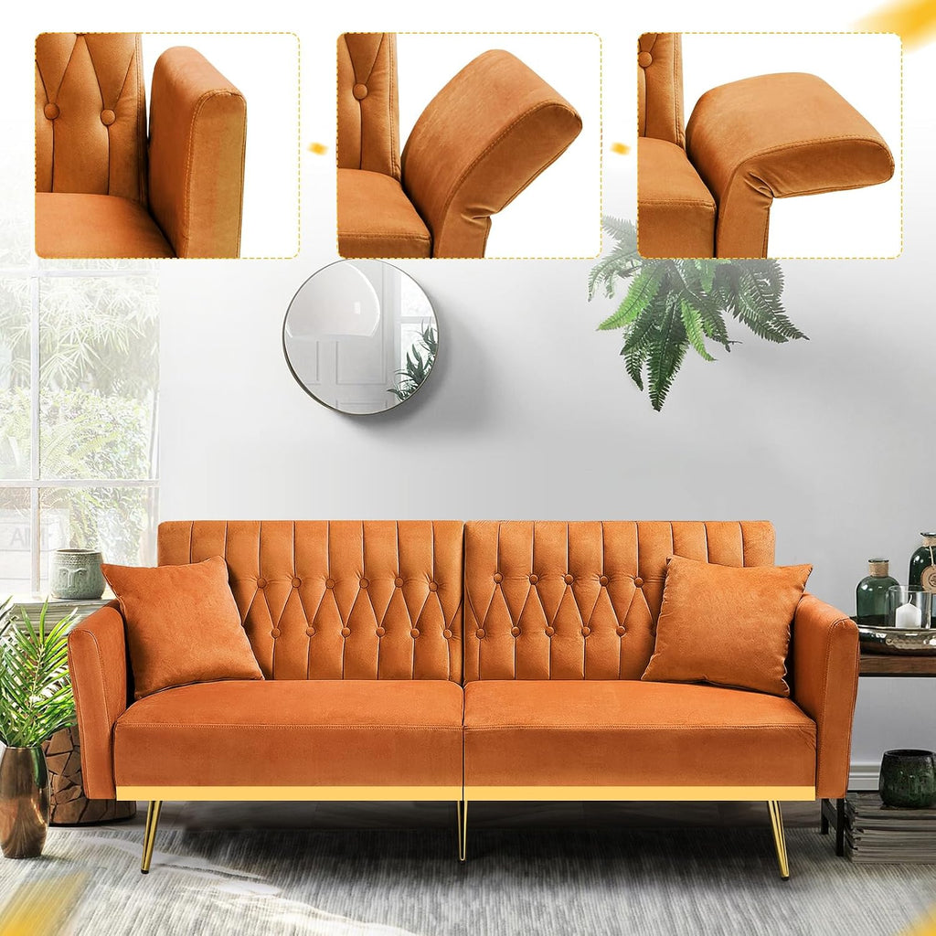 70' Velvet Futon Sofa Bed w/Adjustable Armrests & 2 Pillows, Convertible Futon Couch w/Adjustable Backrests, Modern Sleeper Bed for Living Room, Bedroom, Orange
