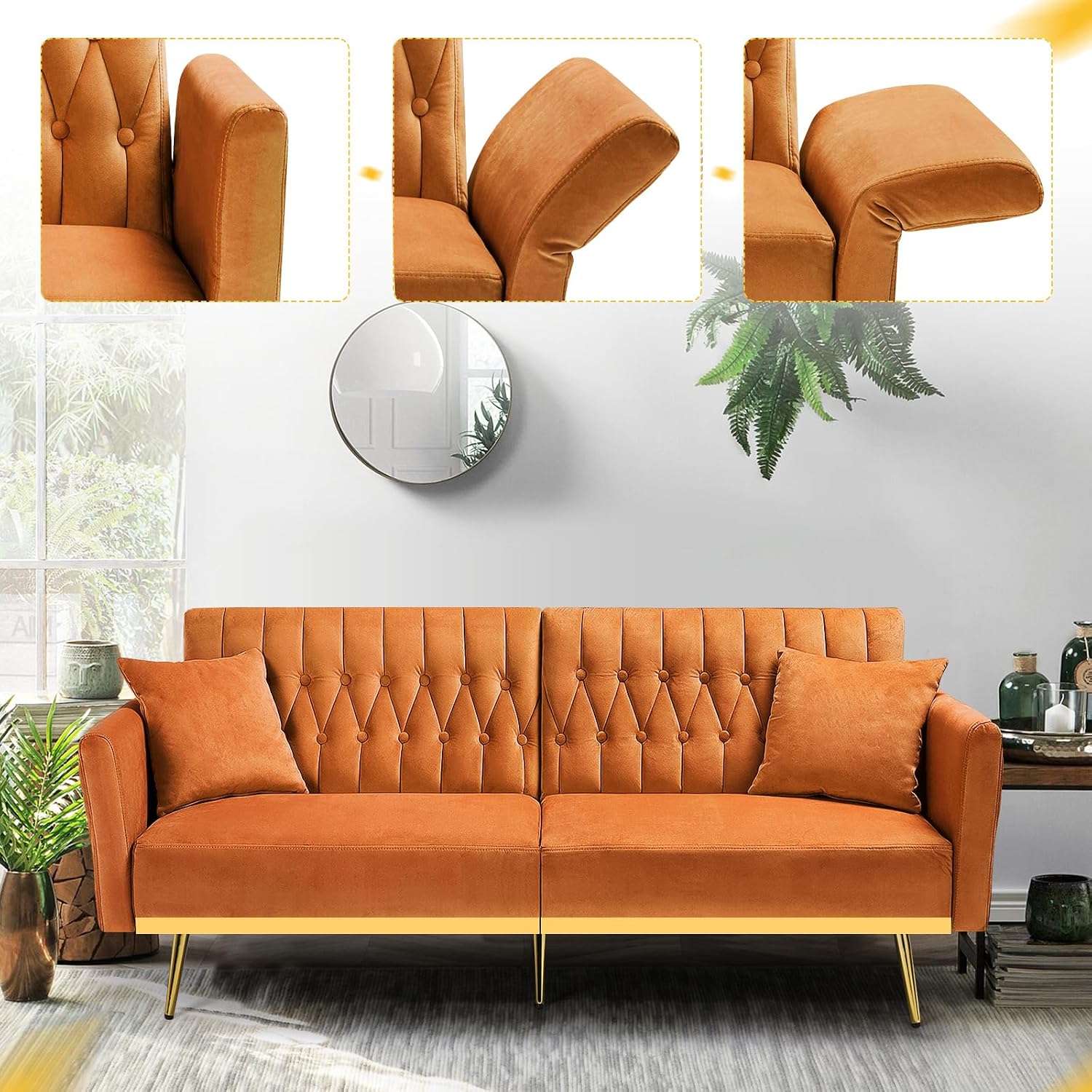 70' Velvet Futon Sofa Bed w/Adjustable Armrests & 2 Pillows, Convertible Futon Couch w/Adjustable Backrests, Modern Sleeper Bed for Living Room, Bedroom, Orange