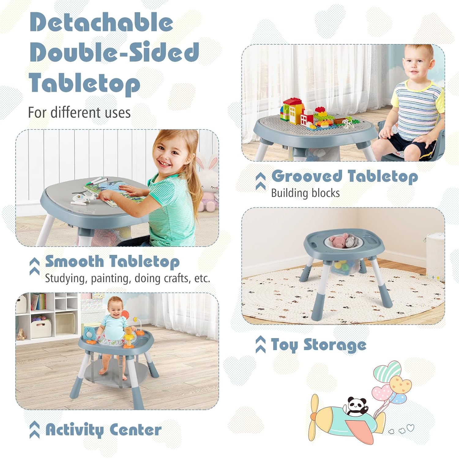 KOTEK 16 in 1 Convertible High Chair, Baby Highchair & Activity Center, Booster Seat, Building Block Table, Toddler Chair with 5-Point Harness, Removable Tray & Cushion (Blue)