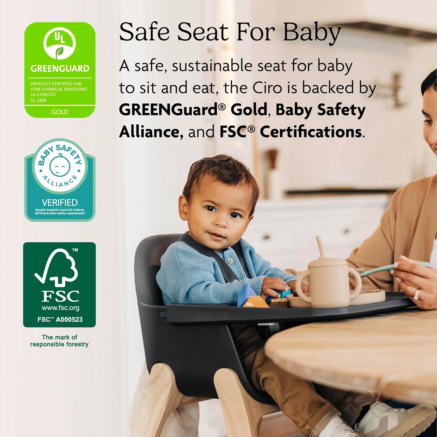 UPPAbaby Ciro High Chair/Sleek, Easy-to-Clean Design/Perfect-Fit Tray to Bring Baby to Table/Patent-Pending Harness/Dual-Position, 180-Degree Rotating Footrest/Caleb (Steel Blue/Rubberwood)